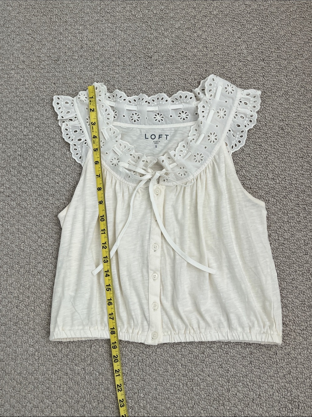 Loft Eyelet Ruffle Tie Neck Button Top - Picture 10 of 11